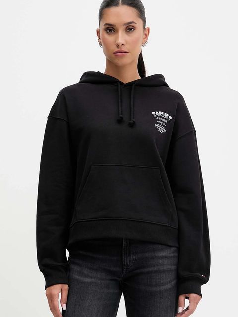 Tommy Jeans bluza bawełniana damska kolor czarny z kapturem z nadrukiem DW0DW21785 - zdjęcie produktu nr 1