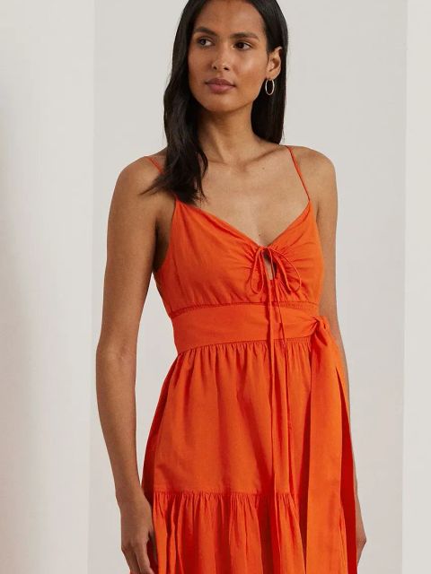 Lauren Ralph Lauren sukienka bawełniana kolor pomarańczowy midi rozkloszowana 200962758