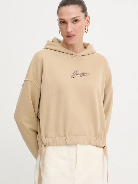 BOSS Orange bluza bawełniana damska kolor beżowy z kapturem z aplikacją 50545507 - zdjęcie produktu nr 1