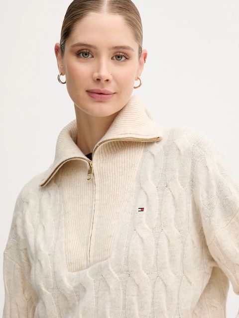 Tommy Hilfiger sweter wełniany damski kolor beżowy WW0WW46425