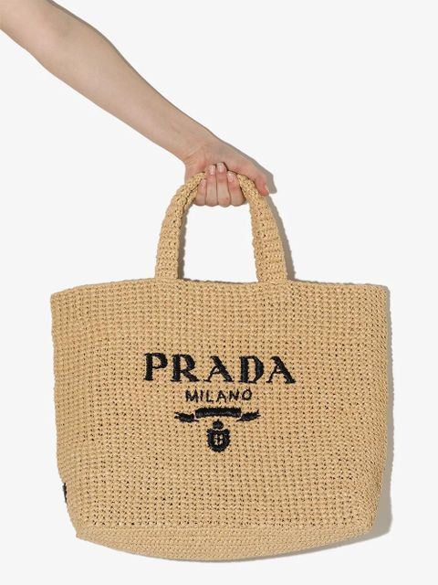 Prada logo raffia tote bag - Neutrals
