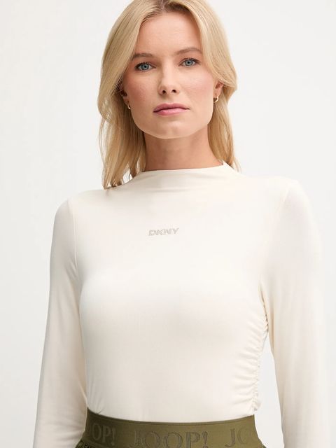 Dkny longsleeve kolor beżowy z półgolfem DJ5T1565