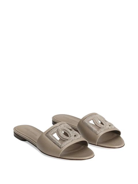 Dolce & Gabbana suede and Dauphine calfskin flat slippers with rhinestones - Brown - zdjęcie produktu nr 2