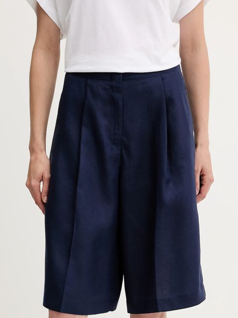 United Colors of Benetton szorty z domieszką lnu damskie kolor granatowy gładkie high waist 45BVD9026 - zdjęcie produktu nr 1