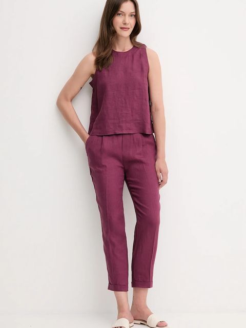 United Colors of Benetton spodnie lniane damskie kolor fioletowy proste high waist 4AGHDF079