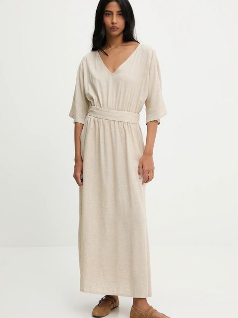 Answear.LAB sukienka z domieszką lnu kolor beżowy maxi rozkloszowana - zdjęcie produktu nr 1