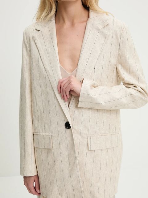 Answear.LAB marynarka z domieszką lnu kolor beżowy jednorzędowa wzorzysta