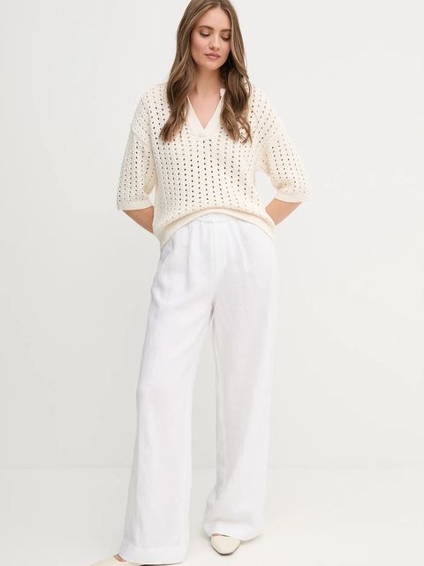 OUI spodnie lniane damskie kolor biały szerokie high waist 92821 - zdjęcie produktu nr 2