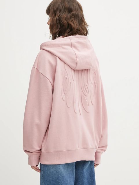 Hugo Blue bluza bawełniana damska kolor różowy z kapturem z aplikacją 50553980