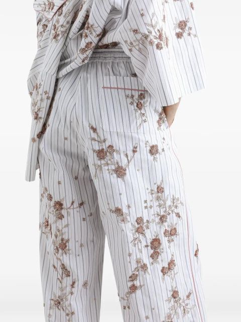 Dolce & Gabbana Poplin Trousers with Thread Floral Embroidery and Rhinestones - White