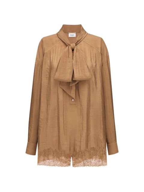 Saint Laurent lace-trim pussy-bow playsuit - Brown - zdjęcie produktu nr 1