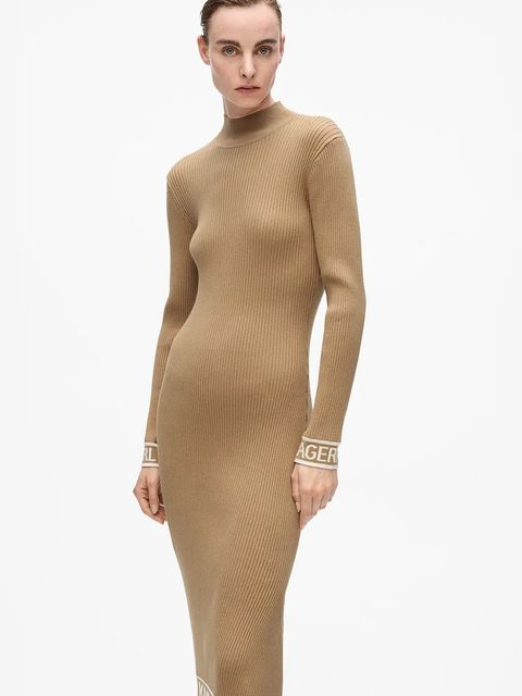 Karl Lagerfeld sukienka kolor beżowy midi dopasowana A4W13028