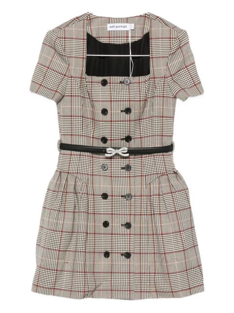 Self-Portrait checked short sleeve mini dress - Neutrals
