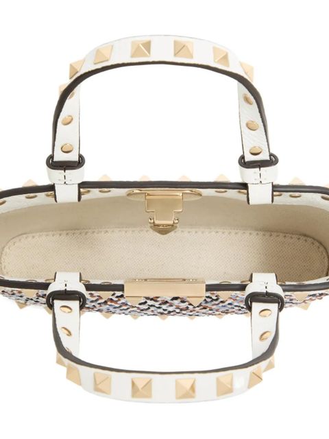 Valentino Garavani Rockstud mini shopping bag in woven fabric - White