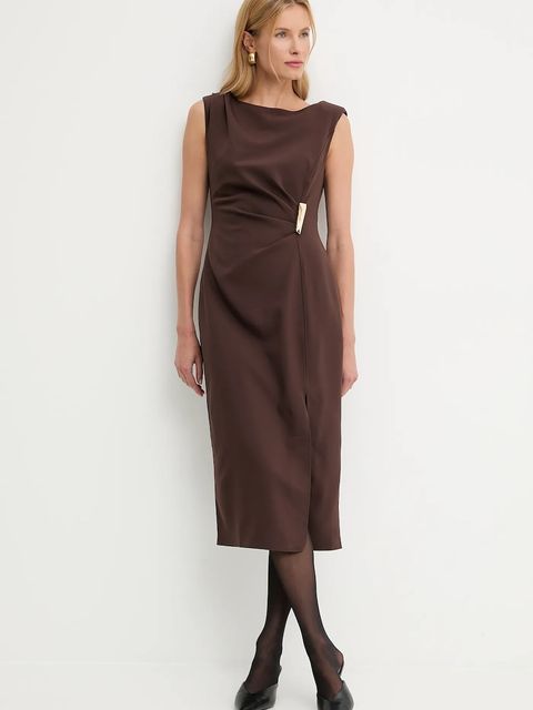 Answear.LAB sukienka kolor brązowy midi dopasowana - zdjęcie produktu nr 2