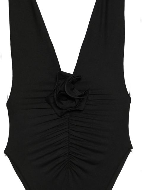 La Reveche Samira ruched floral-appliqué swimsuit - Black