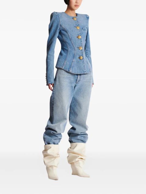 Balmain padded-shoulder buttoned denim jacket - Blue