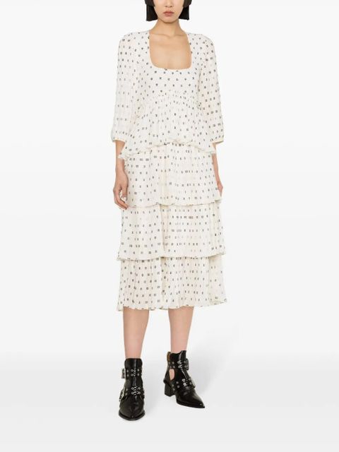 GANNI monogram-print pleated midi dress - Neutrals