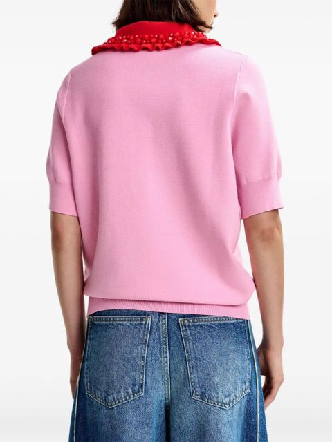 Essentiel Antwerp beaded-embellished ruffled-trim polo top - Pink