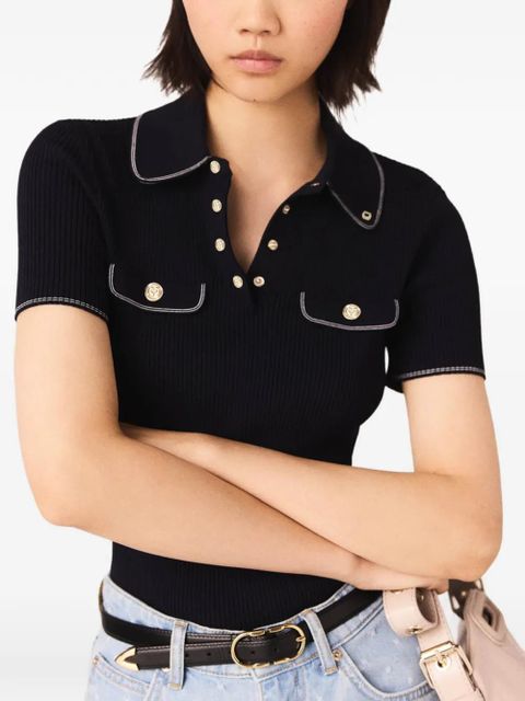 Maje contrast-trim ribbed polo top - Black