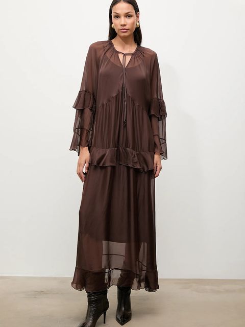 Answear.LAB sukienka z jedwabiem kolor brązowy maxi prosta