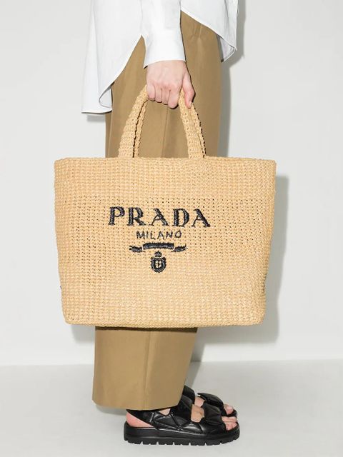 Prada logo raffia tote bag - Neutrals