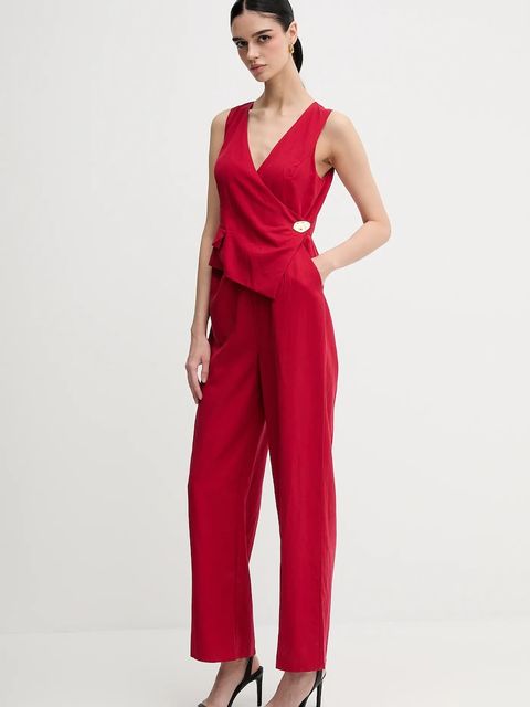 Pedro del Hierro kombinezon z domieszką lnu kolor czerwony z domieszką lnu z dekoltem w szpic 5899922 - zdjęcie produktu nr 2