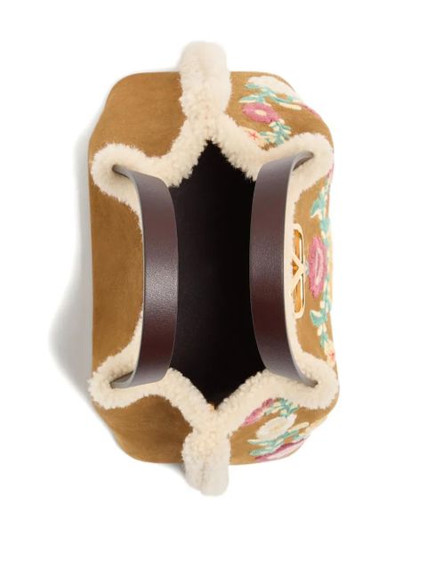 Valentino Garavani small embroidered-flowers suede tote bag - Neutrals