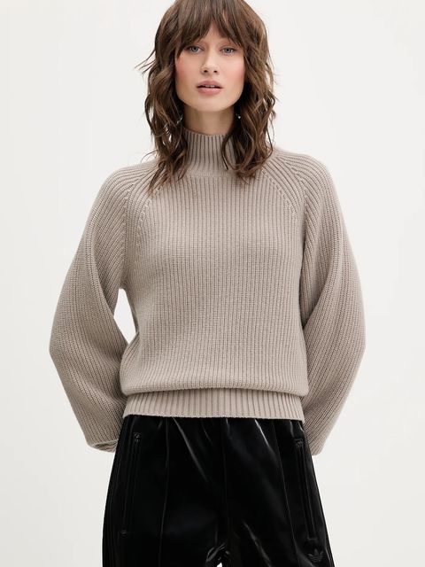 HUGO sweter z wełną damski kolor beżowy z półgolfem 50548292