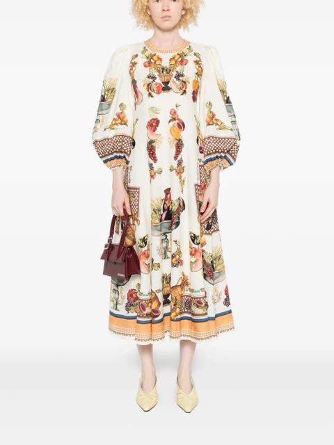 ALEMAIS Mercado fruit-print puff-sleeve midi dress - White