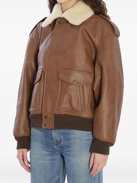 Saint Laurent shearling-collar ribbed bomber jacket - Brown