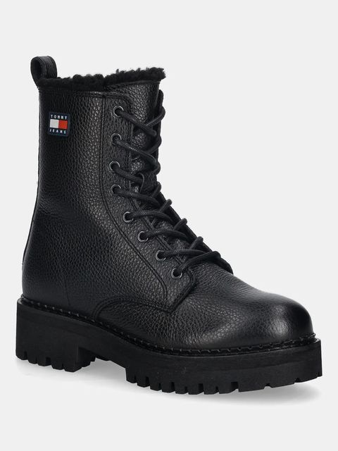Tommy Jeans botki skórzane TJW URBAN LACEUP BOOT WL damskie kolor czarny na platformie ocieplone EN0EN02906