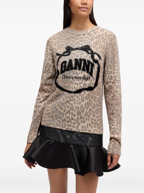 GANNI leopard-print logo-detail sweater - Brown