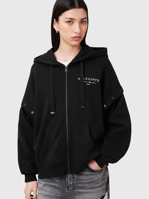 AllSaints bluza bawełniana AROMA damska kolor czarny z kapturem z nadrukiem W134JC - zdjęcie produktu nr 1