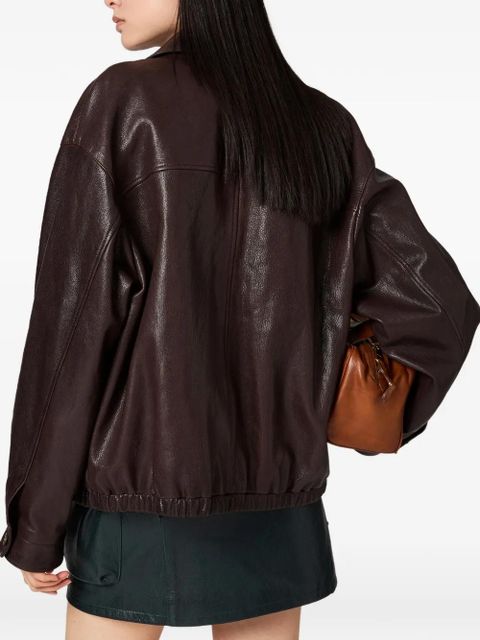 Miu Miu logo-relief regular-fit leather jacket - Brown