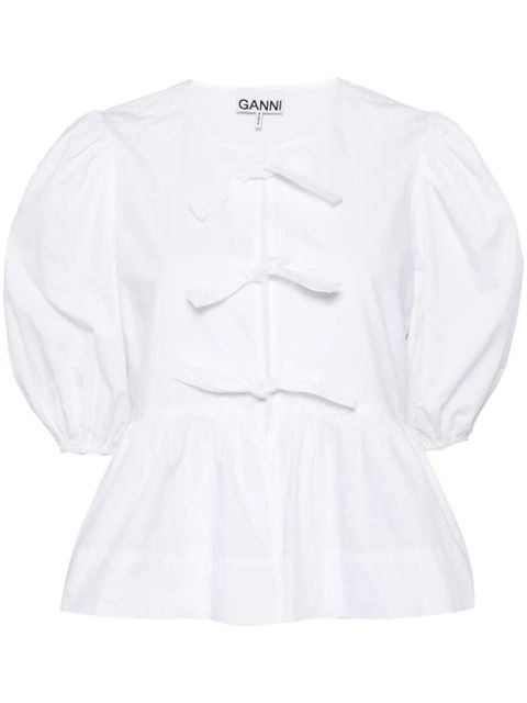 GANNI cotton peplum tie blouse - White
