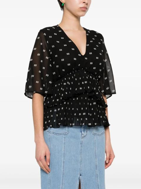 GANNI graphic-print V-neck pleated blouse - Black