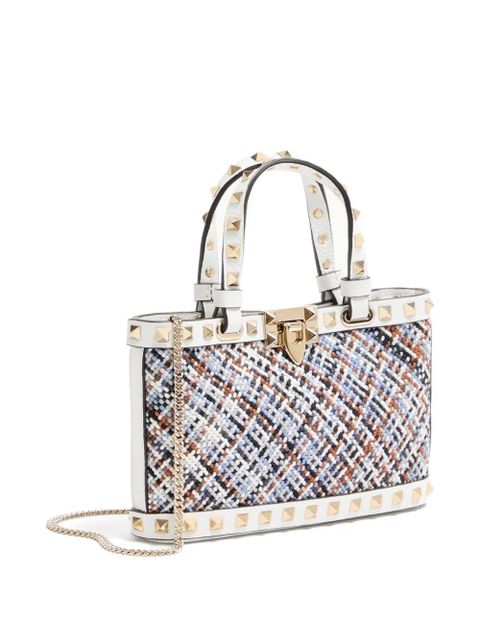Valentino Garavani Rockstud mini shopping bag in woven fabric - White