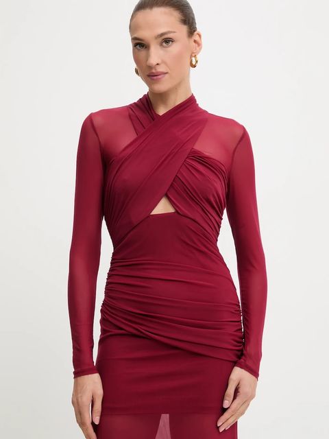 Bardot sukienka kolor bordowy maxi dopasowana 59987DB