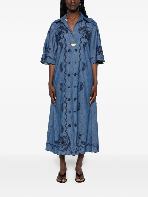 ZIMMERMANN Aster paisley-embroidered scalloped-edge midi dress - Blue