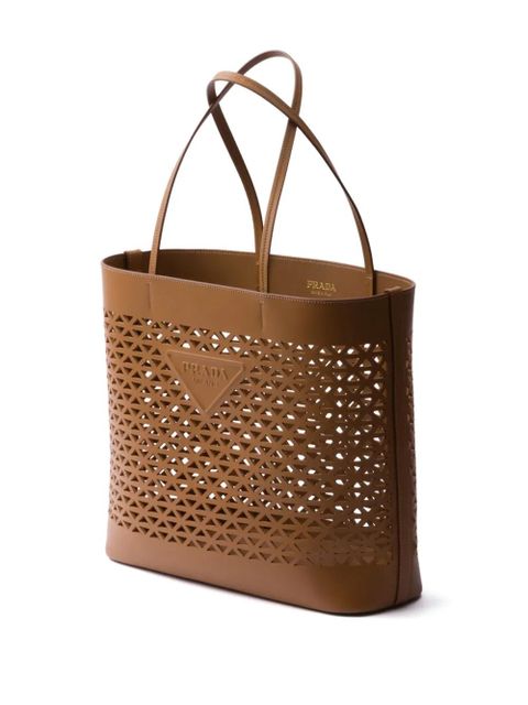 Prada logo-perforated leather tote bag - Brown
