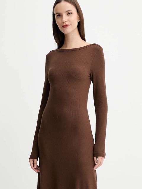 Tommy Hilfiger sukienka kolor brązowy midi rozkloszowana WW0WW47066 - zdjęcie produktu nr 2