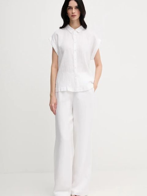 United Colors of Benetton koszula lniana kolor biały regular z kołnierzykiem klasycznym - zdjęcie produktu nr 2