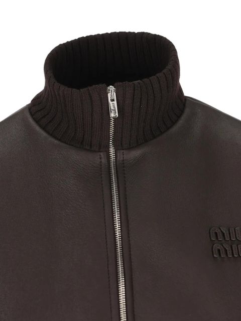 Miu Miu logo-patch zipped jacket - Brown