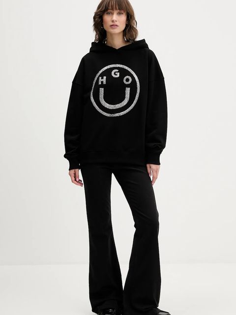 Hugo Blue bluza bawełniana damska kolor czarny z kapturem z nadrukiem 50550709