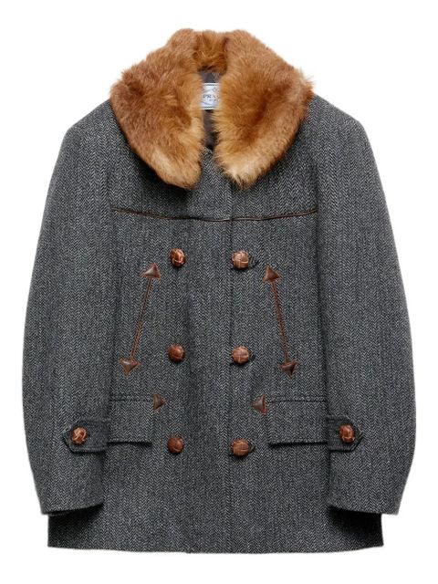 Prada herringbone fur-collar coat - Grey - zdjęcie produktu nr 1
