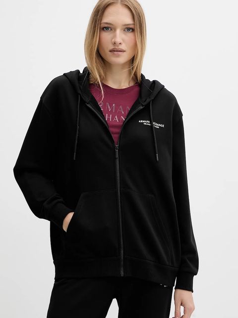 Armani Exchange bluza bawełniana damska kolor czarny z kapturem gładka XW001452 AF10830 - zdjęcie produktu nr 1