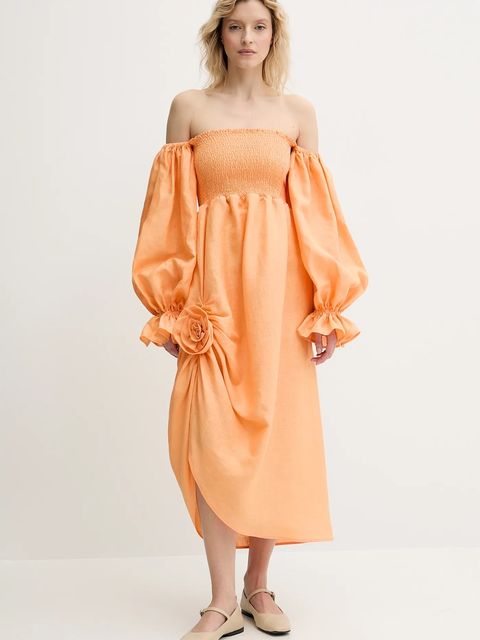The Sleeper sukienka lniana kolor pomarańczowy midi rozkloszowana ATDR01P014R - zdjęcie produktu nr 1
