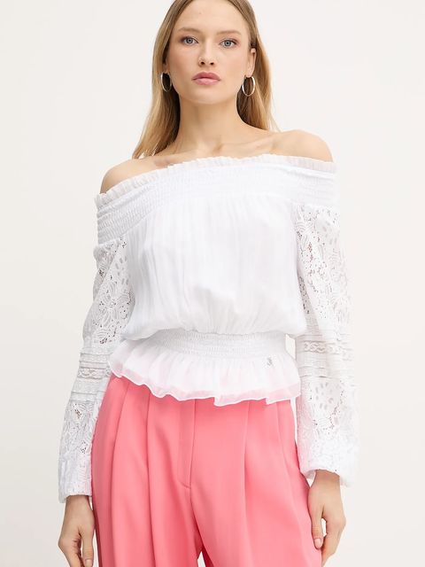 Guess bluzka z domieszką jedwabiu AUDREY damska kolor biały wzorzysta W5GH0S WE550 - zdjęcie produktu nr 1