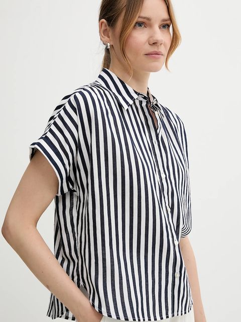 United Colors of Benetton koszula z domieszką lnu damska kolor granatowy relaxed z kołnierzykiem klasycznym 58I5DQ08M